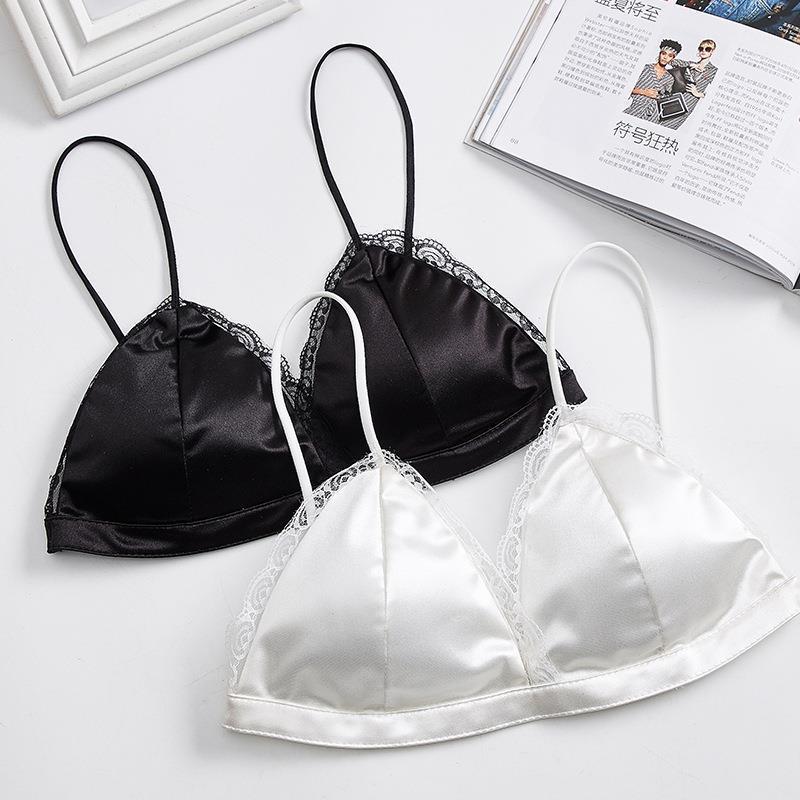 跨境法式三角杯色丁无纲圈蕾丝边内衣少女简约性感薄款文胸裹胸女