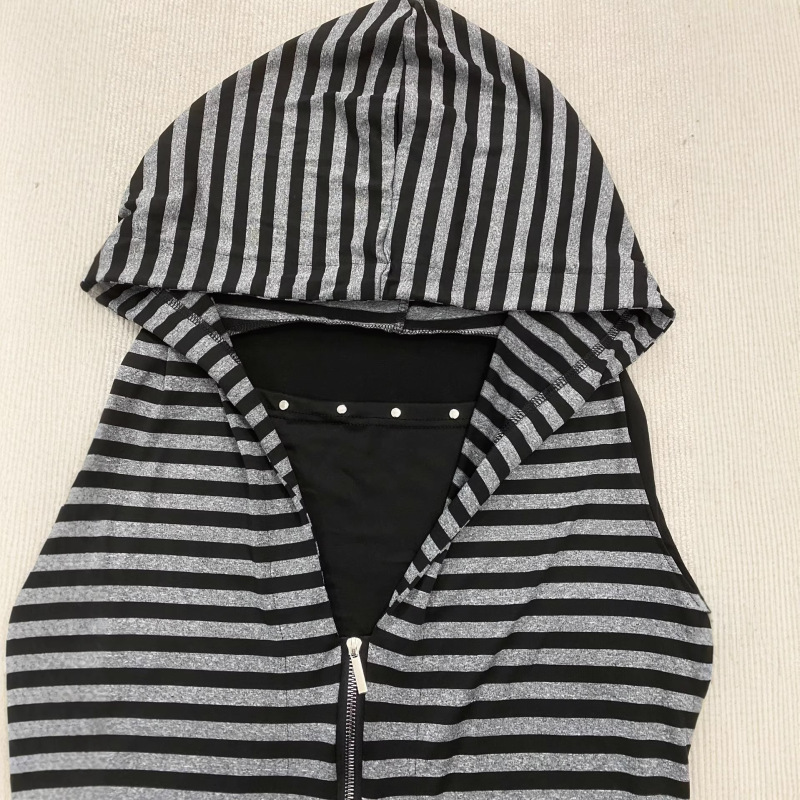 European and American Style Striped Hooded Sleeveless Vest with Zipper and Rivets, Layered Cardigan, Gothic Y2K Spicy Girl Top