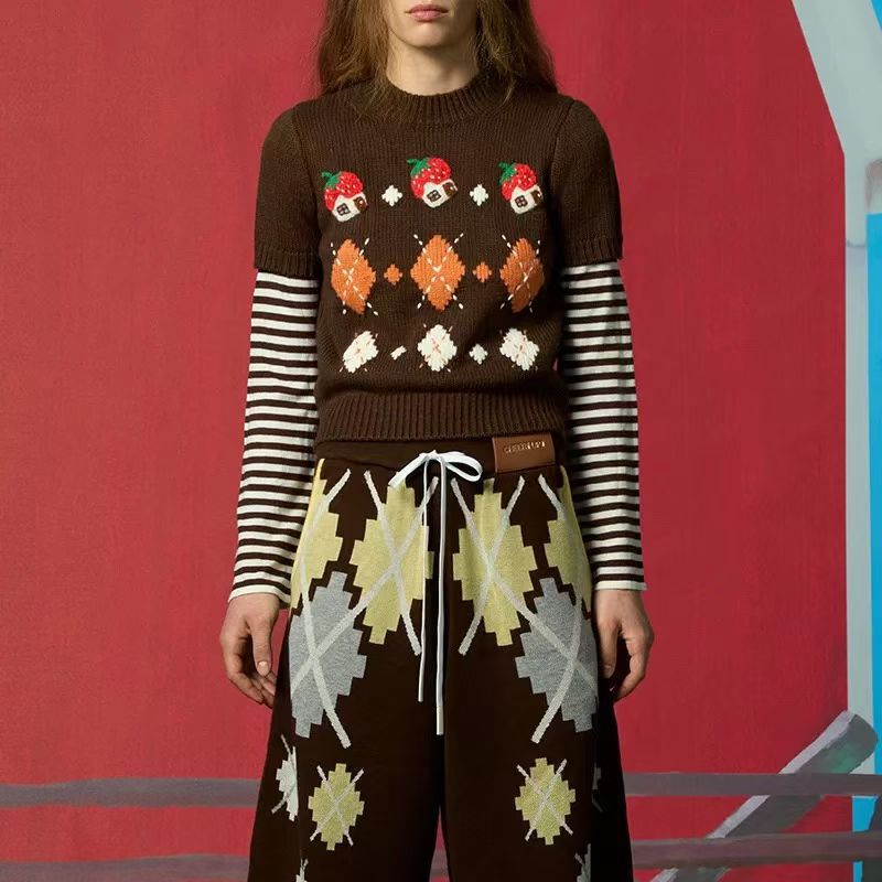 2026 Spring New Diamond Pattern Tomato House Jacquard Fake Two-Piece Slim Fit Versatile Sweater Knit Top