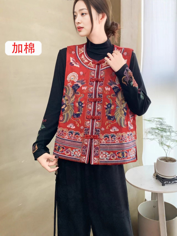 2025秋冬款加棉国风缎面重工刺绣女坎肩宽松版女士对称绣民族风马|undefined