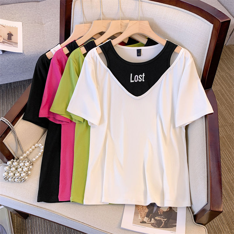 Camiseta hueca de manga corta de dos piezas para mujer de talla grande chica gordita de verano para mujer que adelgaza diseño suelto contraste color carta top image 5