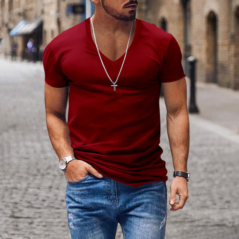 Men's Slim Fit V-neck T-shirt Solid Colour Casual Summer Style_voghion.com