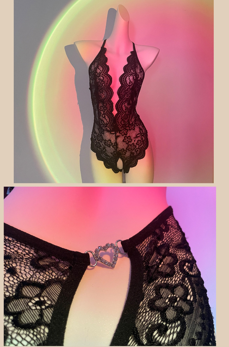Open-Fit Lace Jumpsuit Lingerie, See-Through Purple One-Piece, Women’s Roleplay Intimate Apparel — detail image 38