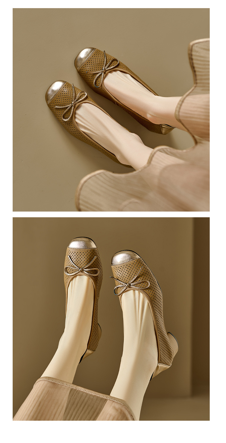 Sandal nữ da cừu miệng nông đục lỗ gót thô thấp phong cách Xiaoxiangfeng — Màu nâu chi tiết 14