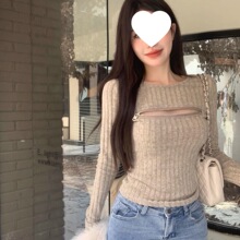 镂空针织衫设计秋冬拉链圆领性感新款短款修身毛衣长袖打底上衣
