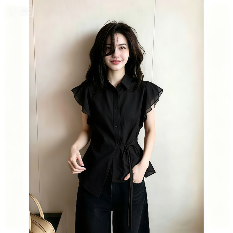 2026 Summer New Style Waist-Cinching Tie Ruffle Edge Elegant Top with a Unique Design, Solid Color Small Lapel Short-Sleeve Shirt for Women