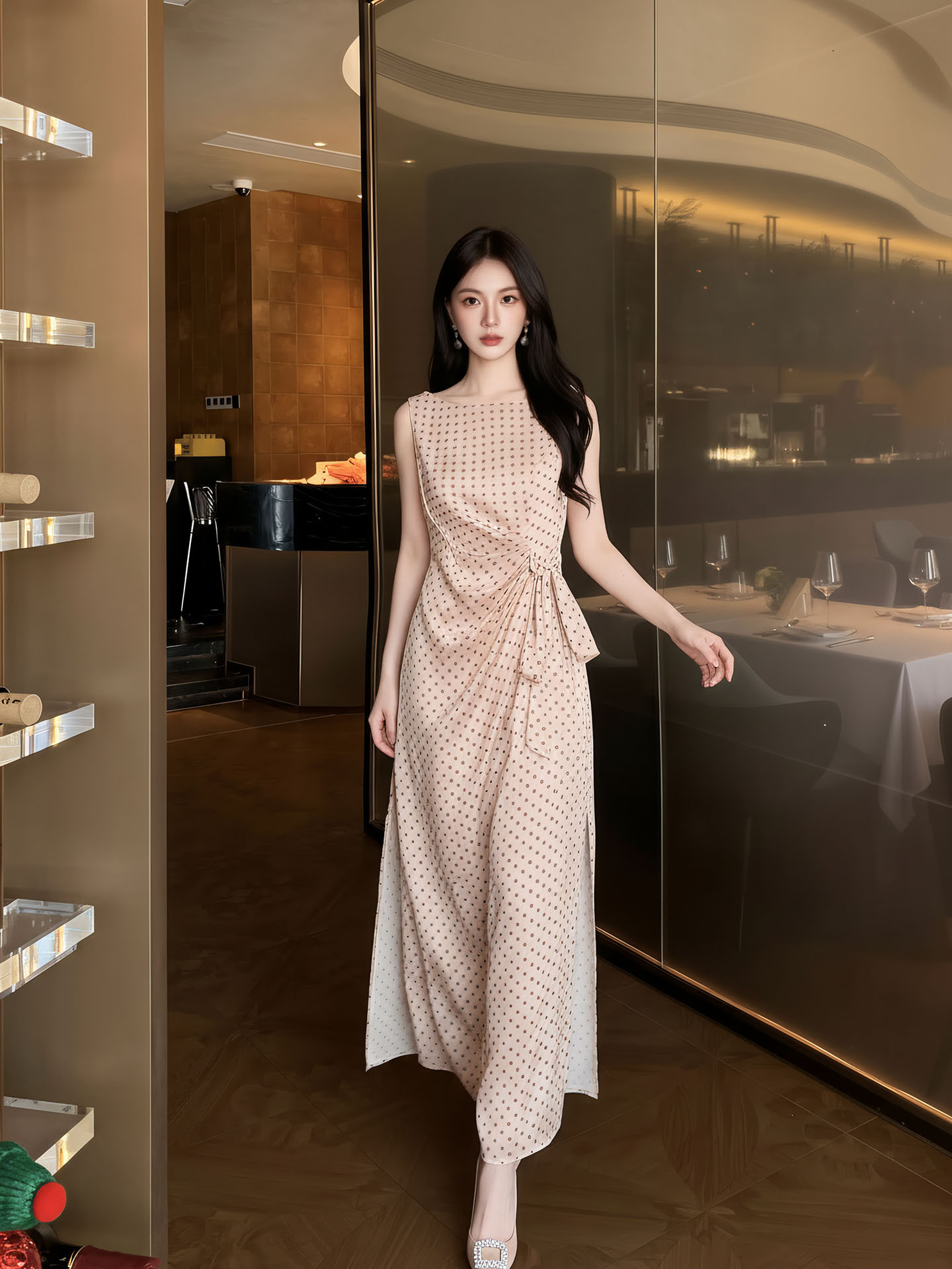 Đầm dài ôm body không tay họa tiết chấm bi phong cách Tân Trung Hoa — Điểm sóng