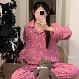 hellokitty睡衣冬季厚款长袖德绒翻领宽松大码insKT猫家居服套装