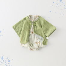 婴儿夏装新生儿短袖包屁衣套装宝宝满月周岁国风哈衣洋气连体衣薄
