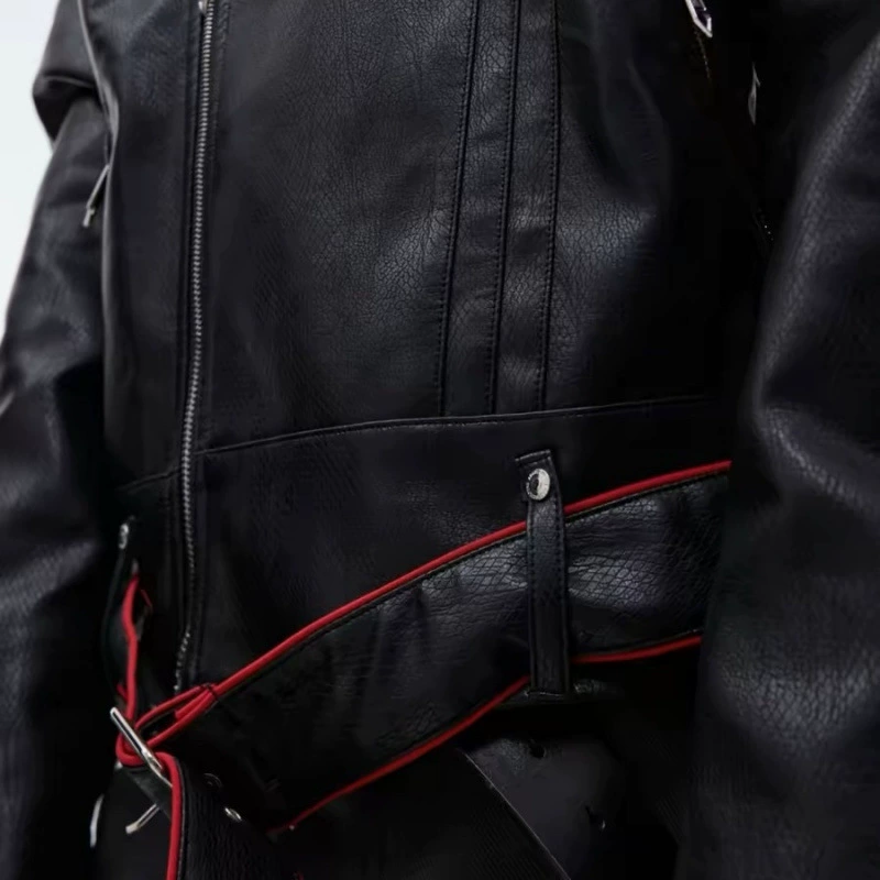 Niche deconstructed spinal compression pleated design short leather jacket heavy industry splicing high-end motorcycle jacket