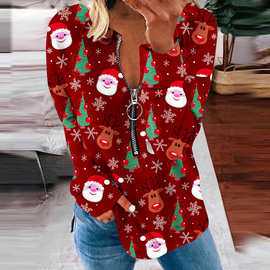 跨境秋冬新品亚马逊wish万圣节圆领拉链长袖宽松上衣女