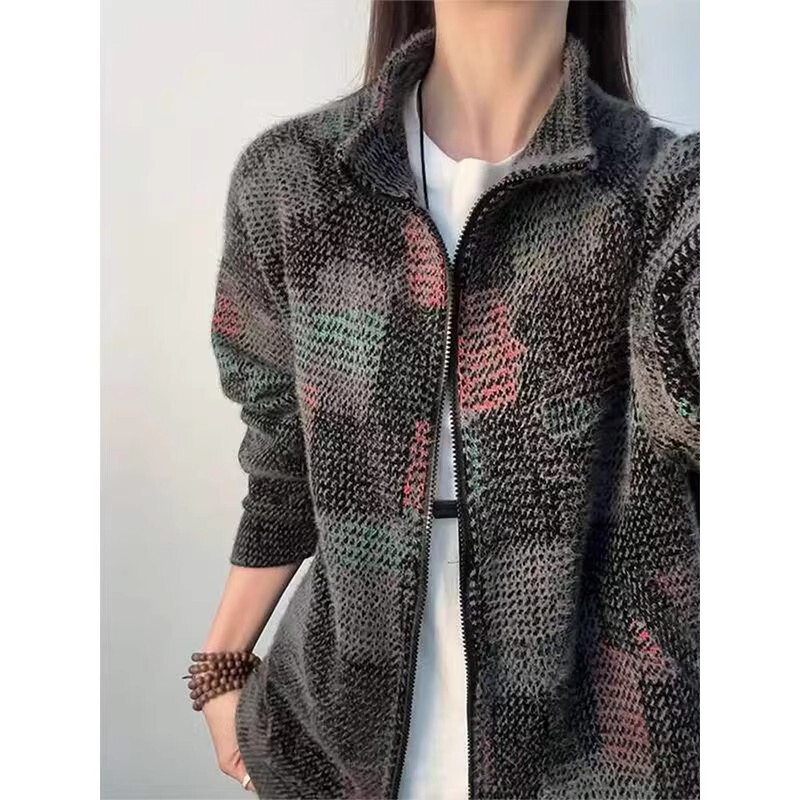 Colorful Plaid American Retro Stand-Collar Sweatshirt for Men, Winter Trendy Brand, High-End Lazy Style Knitted Cardigan Jacket