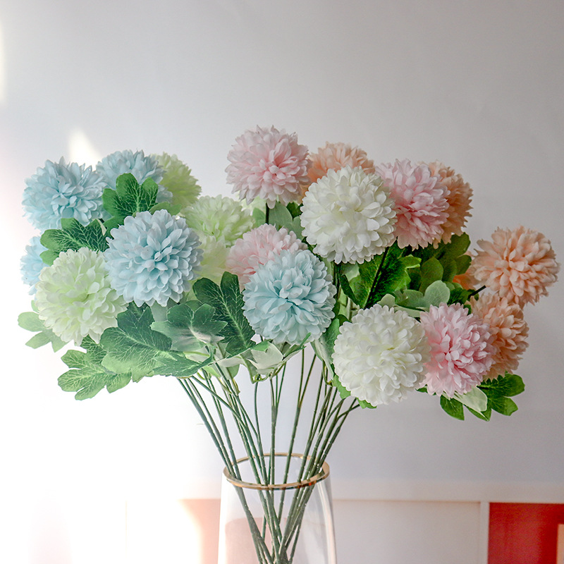 2頭球菊仿真花乒乓菊婚慶假花批發刺球酒店客廳背景牆裝飾ins花束