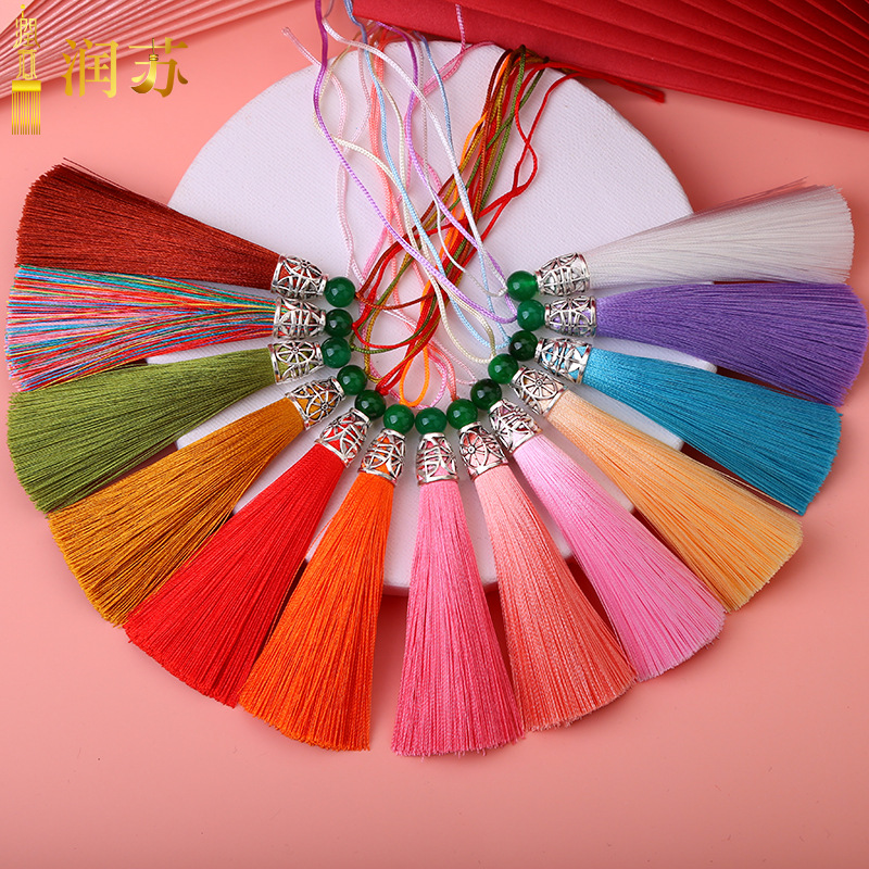 Runsu tassel 8cm green jade beads tassel tassel metal hollow rice hat hanging tassel diy hanfu sachet fan pendant