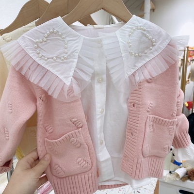 春季女童毛衣开衫棉纯色现货圆领单排扣粉色女不连帽潮范春秋毛衣