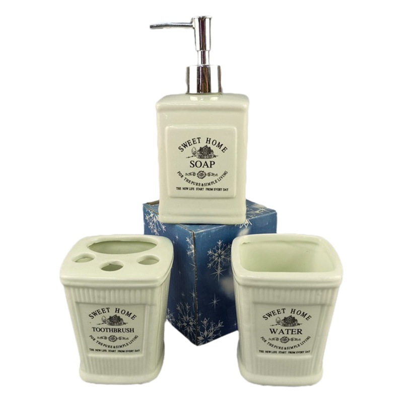 Juego de tres piezas de cerámica con relieve nórdico para baño, con cepillo de dientes y vaso de enjuague, juego de baño con portacepillos, juego de baño para lavarse y cuidarse.