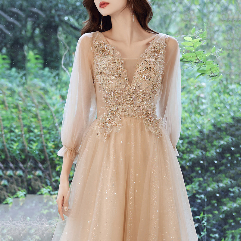 Champagne-Colored Evening Dress for Bridesmaids, Maternity Plus-Size Dress for Toasting, Summer Engagement Dress, Long-Sleeved Art Exam Dress