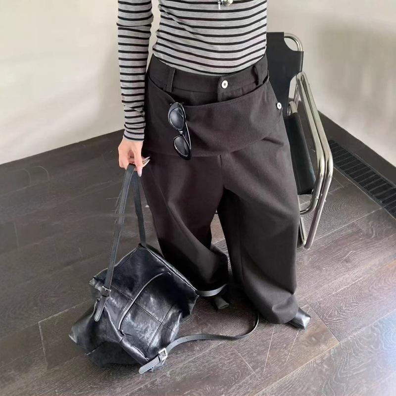 韩系假两件设计拼接屁帘小众阔腿裤女2025秋季新款气质休闲拖地裤|undefined