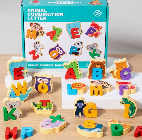 Transfronterizos de dibujos animados de madera para niños 26 letras inglesas palabras cognitiva educación temprana puzzle tranquilo juguetes
