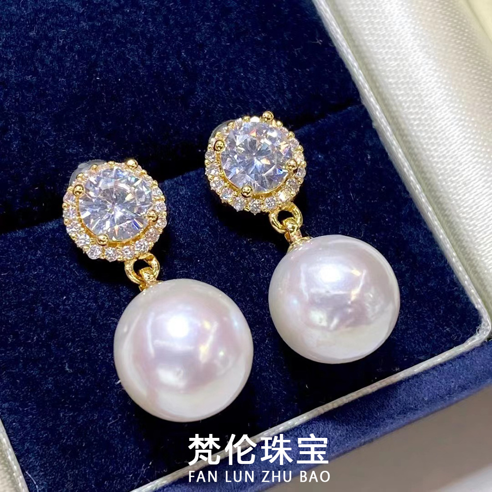 秋季爆款淡水珍珠耳钉9-10mm 18K包金圆珠珍珠 简约珍珠饰品批发