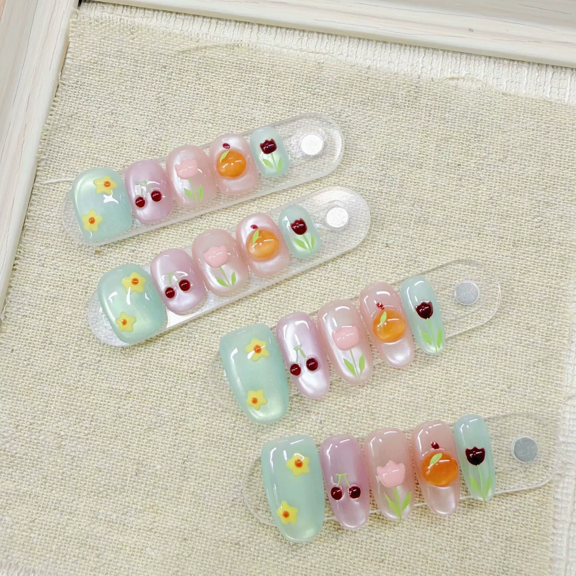 Носимые ногти ручной работы с фруктами, ручная роспись, цветы, кошачий глаз, терапевтические ногти, летние накладные ногти, съемные наклейки для ногтей