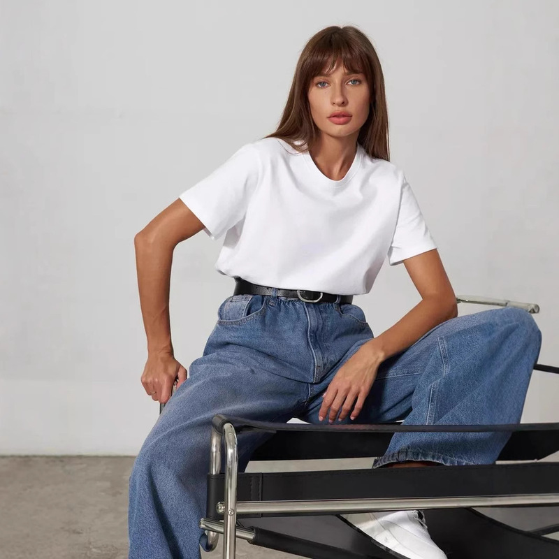 Cross-border Pure Cotton Casual Base Shirt Short-sleeve Solid Color Crewneck T-shirt New Summer All-match Top Commuter Couple Dress