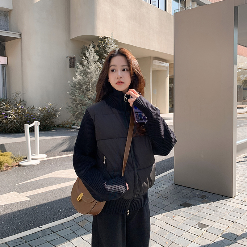 クリームパフニットスプライシングセーターダウンコットンジャケット女性のための 2025 秋と冬の新しい韓国のハイエンド暖かいジャケット|undefined