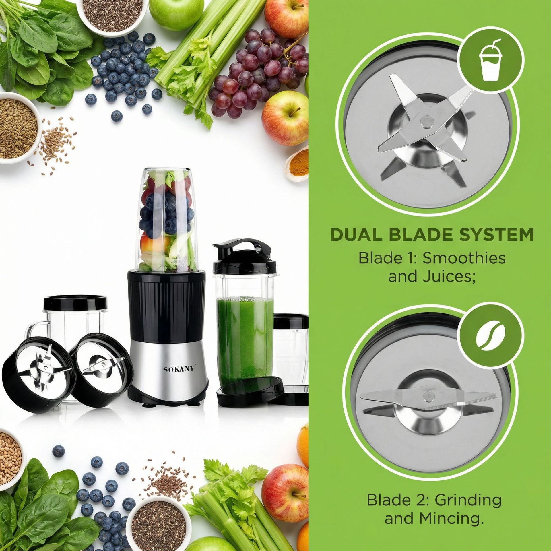 6-in-1 Multi-Purpose Blender, 900W High-Speed Smoothie Maker With 3 Cups (0.3L/0.5L/0.7L), Food Processor & Juicer For Shakes, Chopping & Grinding _voghion.com