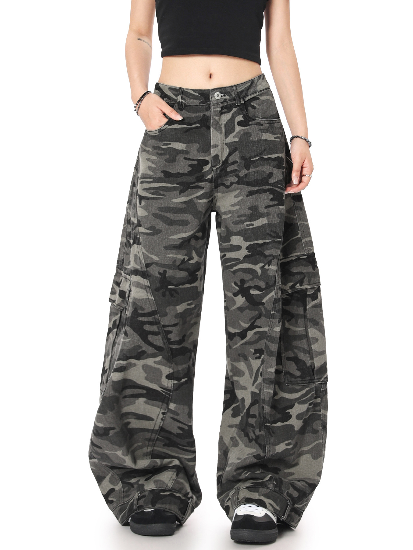 OREETAアメリカのレトロな広脚の迷彩ズボンのカーブナイフの工装ズボンの耐摩耗性の汚れの高い街のカジュアルなズボンの男女