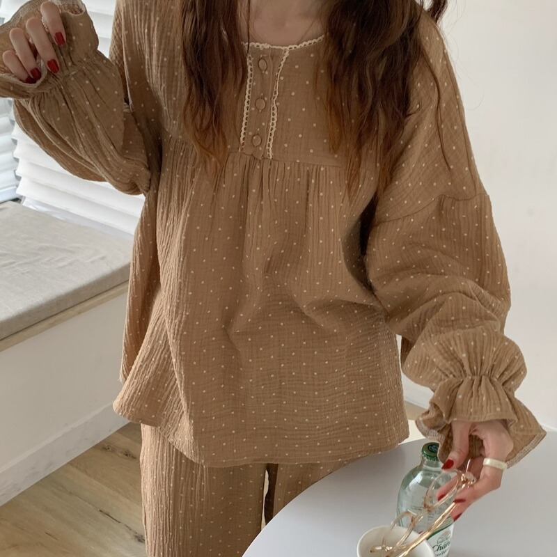 Spring and Autum Ins K-Style Cute Round Neck Imitation Cotton Wrinkled Fabric Pajamas Women's Long-Sleeved Pants Loose Student Home Suit Spring and Autum Ins K-Style Cute Round Neck Imitation Cotton Wrinkled Fabric Pajamas Women's Long-Sleeved Pants Loose Student Home Suit
