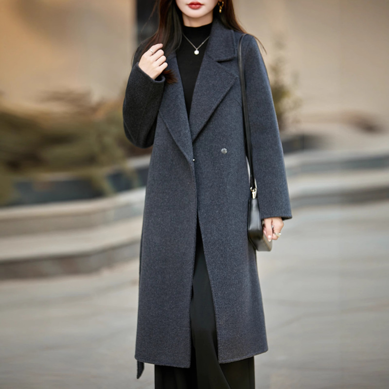 100% Wool Autumn and Winter Wool Coat, Thickened, Slim Fit, with Belt, Long Over-The-Knee Woolen Coat, Suitable for Petite Sizes, Regular Shoulder Length