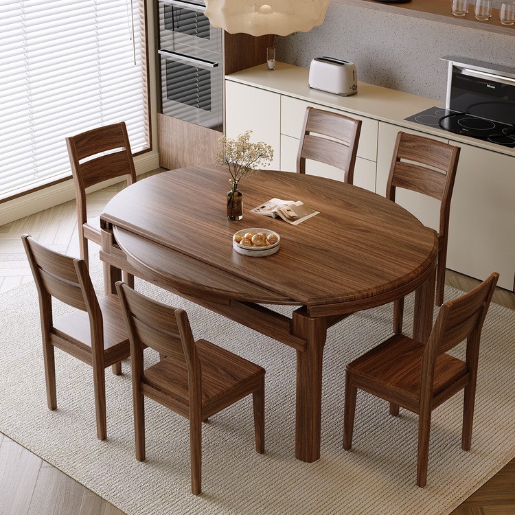 Walnut Solid Wood Dining Table and Chair Combination Modern Simple Square and Round Dual-Purpose Retractable Folding Dining Table New Chinese Round Table