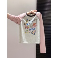 秋季设计感涂鸦印花拼色减龄上衣女舒适宽松休闲慵懒长袖打底T恤