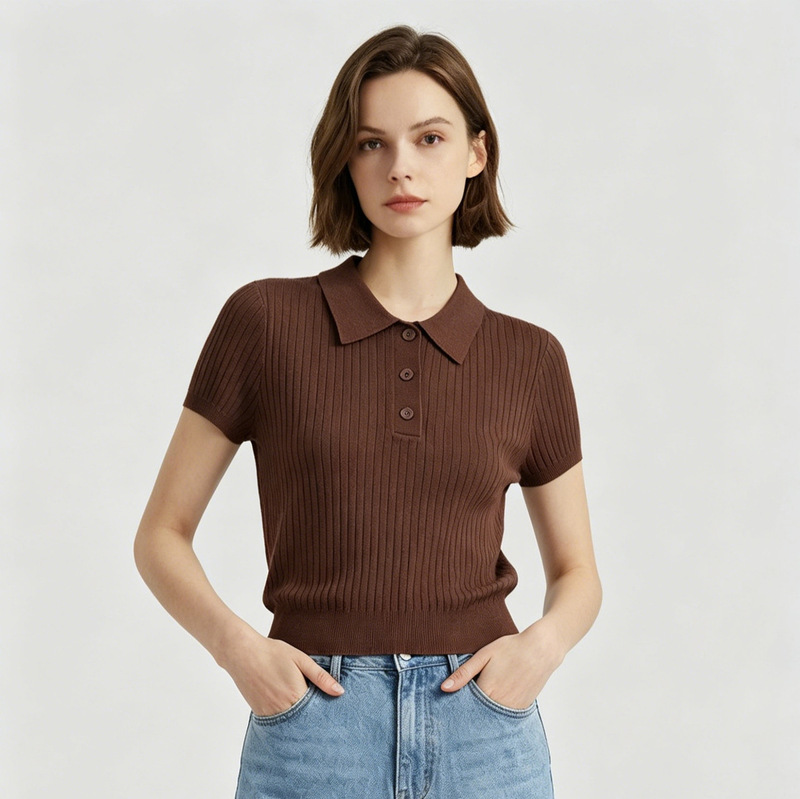 Ya Qi Women's 2025 Summer Polo Lapel Short Sleeve Knitted Shirt College Style Short Slim Look Top Small