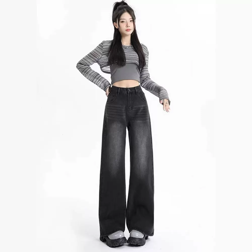 美式复古阔腿牛仔裤女2025新款黑灰色ins高腰宽松显瘦直筒拖地裤