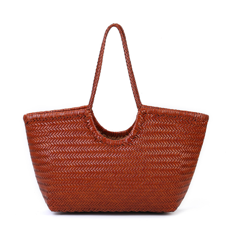 French Vintage Cowhide Woven Bag 2025 New Arrival Niche Curved Opening Market Basket Bag Large Capacity Genuine Leather Tote Bag For Women - Thumbnail 5