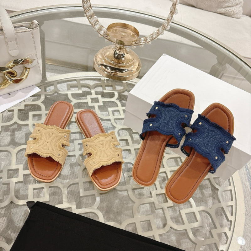 鼎版！女性がデニムブルーのフレンチスリッパを着用できるトライアンフアーチのフラットスリッパ、レトロなスタイル|undefined
