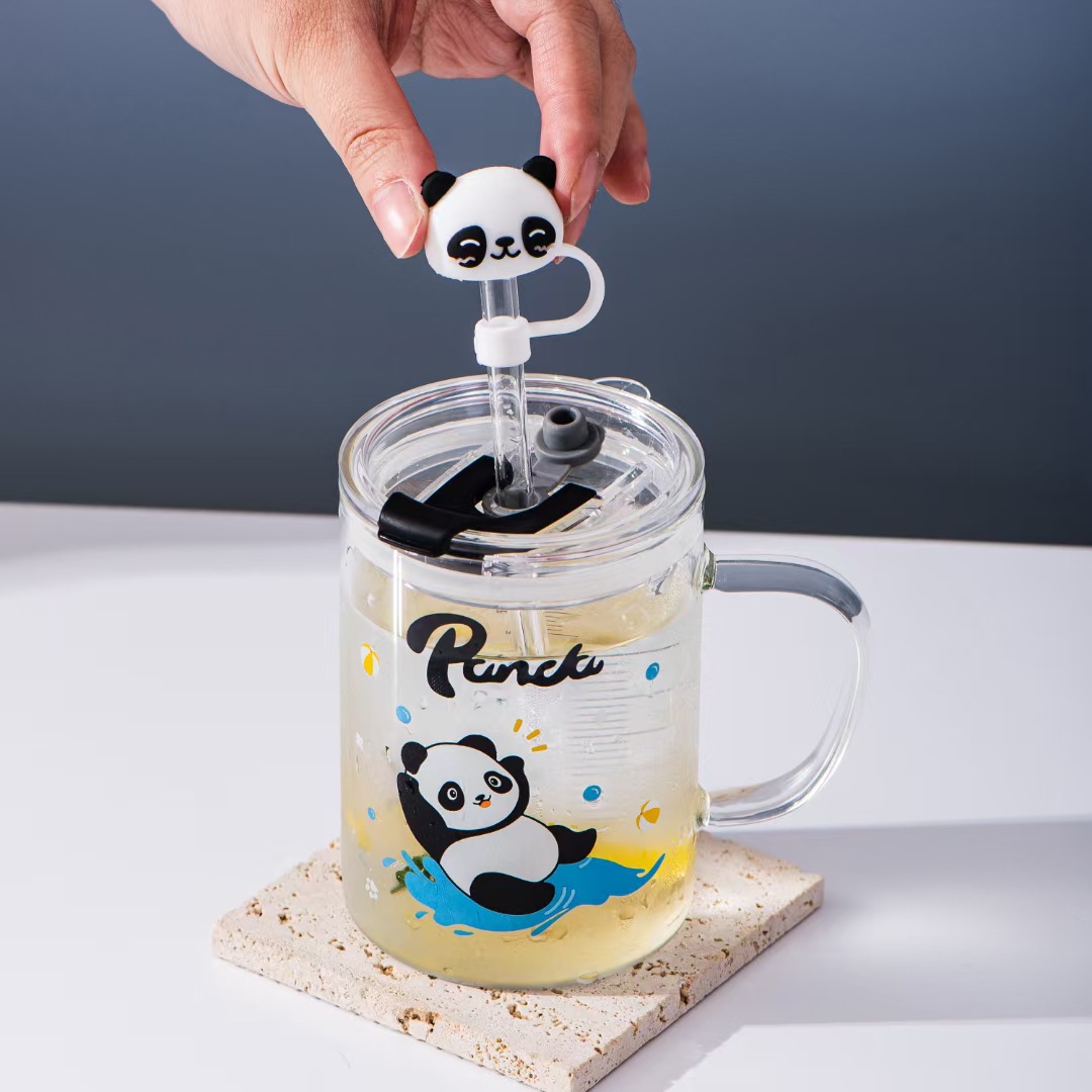 Creativo Panda de la historieta personalizada taza paja con tapa regalo escala vidrio Oficina simple beber