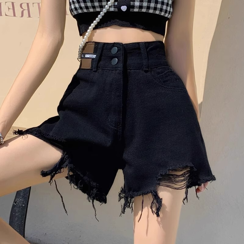 Black Ripped Wide-Leg Denim Shorts for Women, Summer 2026 New Style, Plus Size, High-Waisted A-Line Frayed Hot Pants, Trendy on Instagram