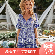 花卉泡芙袖夏季连衣裙女士休闲宽松荷叶边假日海滩太阳裙短袖