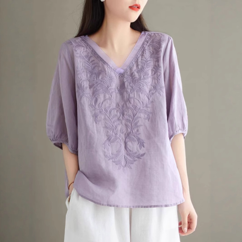 2025 New Embroidered Ramie Shirt Women's Summer Thin Short-Sleeved T-Shirt Retro Loose Large Size Cotton and Linen Versatile Top