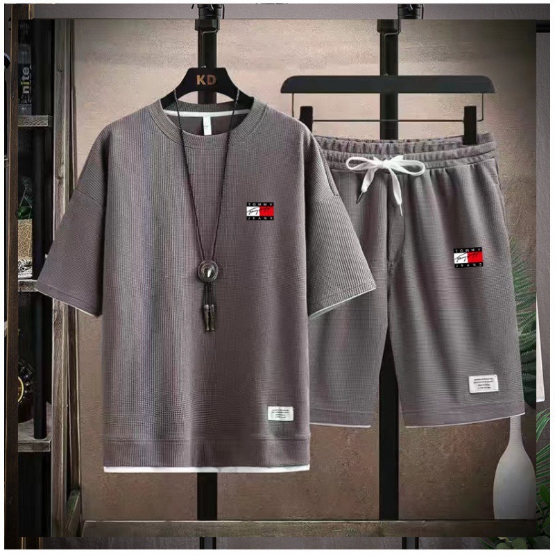 香港風ワッフルTシャツメンズフェイクツーピーススーツカップルルーズトレンド大きいサイズ5点パンツアウトドアレジャー|undefined