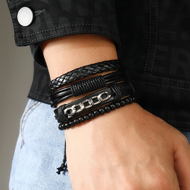 European and American Cross-Border Retro Style Simple Hand-Woven Multi-Layer Leather Bracelet DIY Combination 4-Piece Set Men's Leather Bracelet