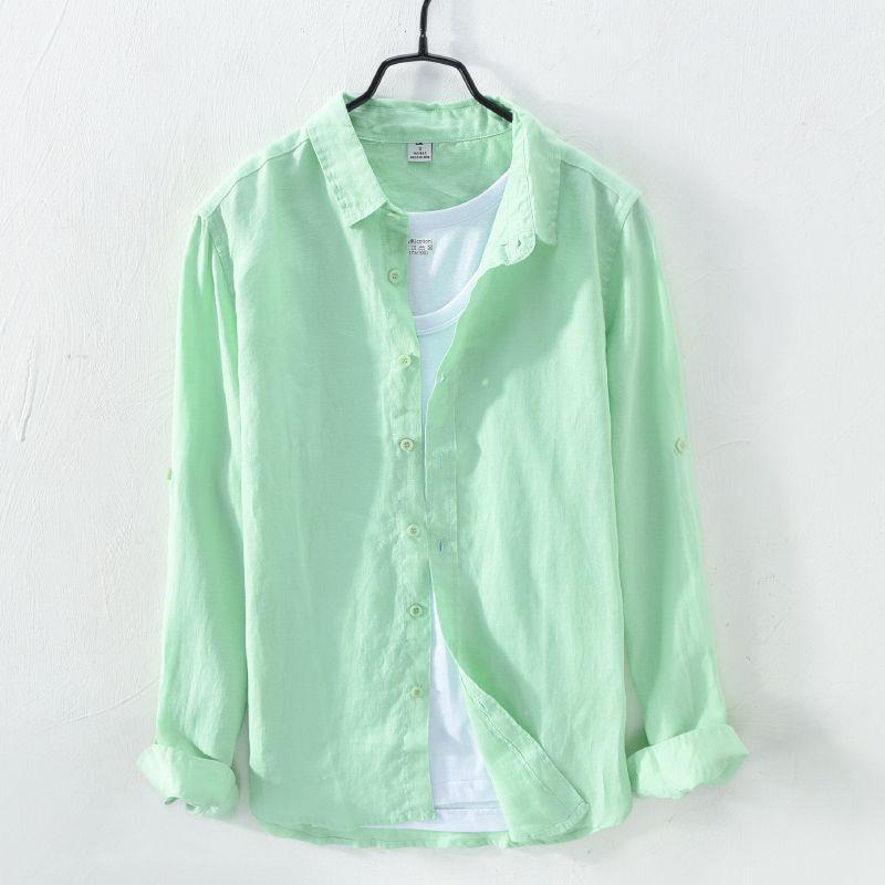 Camisa de lino de manga larga blanca transpirable en la playa Camisa de lino de algodón y lino delgada delgada informal para hombre