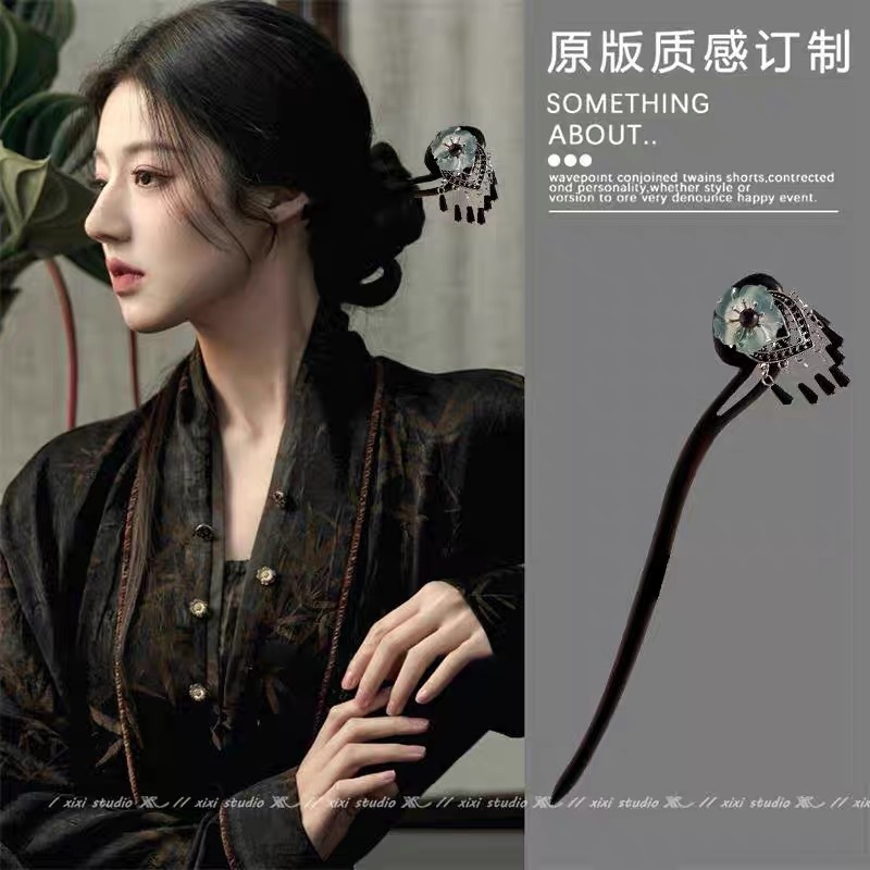 珍珠黑檀木流苏步摇发簪女古风盘发簪子新中式丸子头发饰盘发发钗|undefined