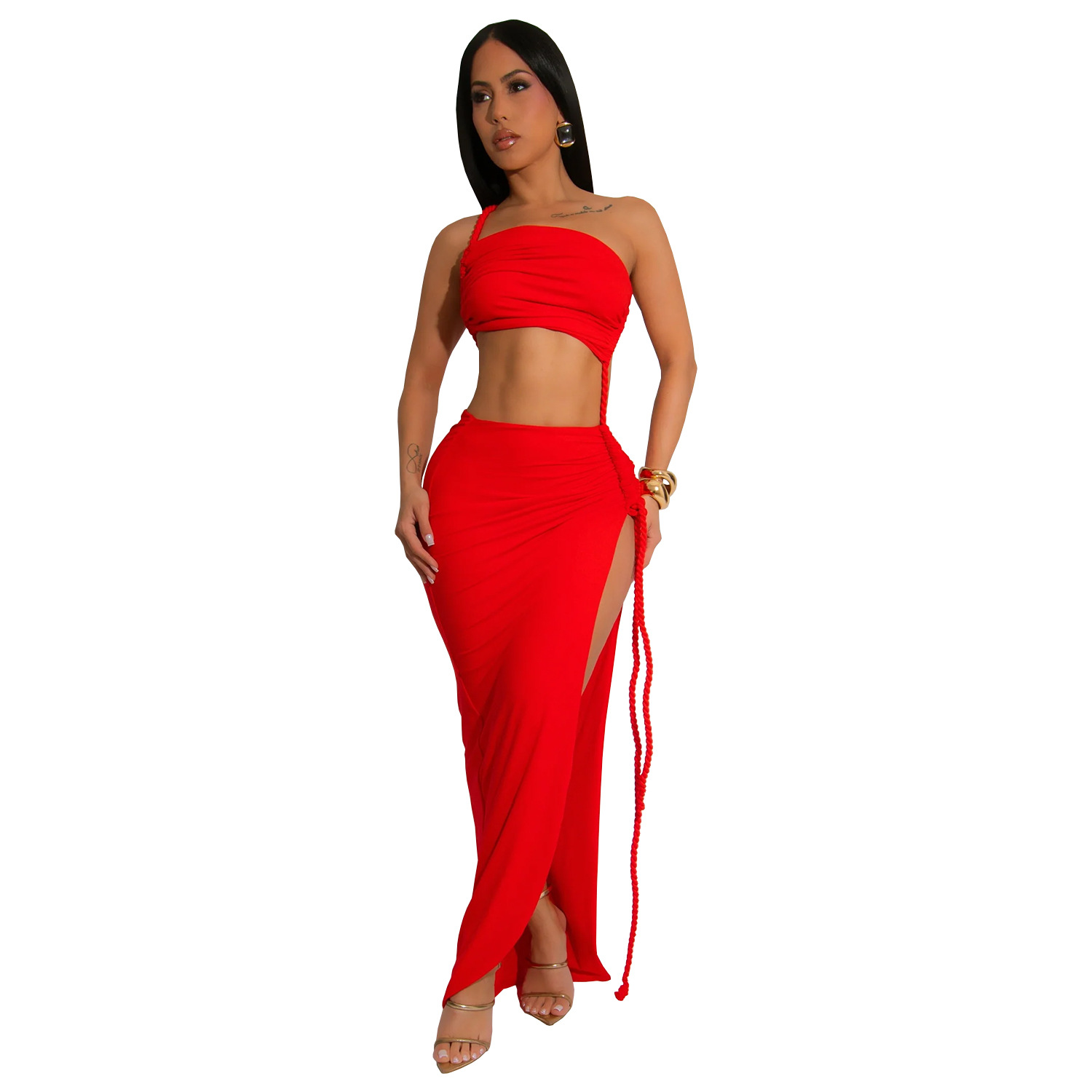 C7342 Cross-border AliExpress Amazon Ropa de mujer de moda europea y americana Vestido largo sexy simple envuelto en el pecho con apertura lateral