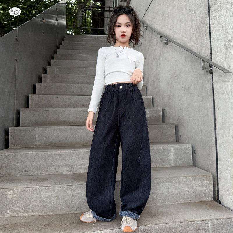 女童牛仔裤2025年秋季新款蝴蝶结弯刀裤中大童休闲阔腿裤学生长裤|undefined