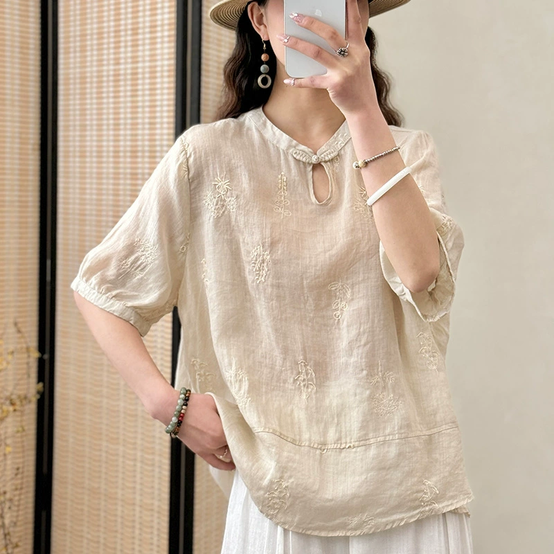 2025 летний новый стиль ретро новый китайский стиль хлопка и льна с вышивкой стоячий воротник средний рукав свободная тонкая рубашка женский топ