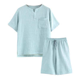 无印日式良品纯棉双层纱皱布睡衣女男士短袖短裤家居服夏季款