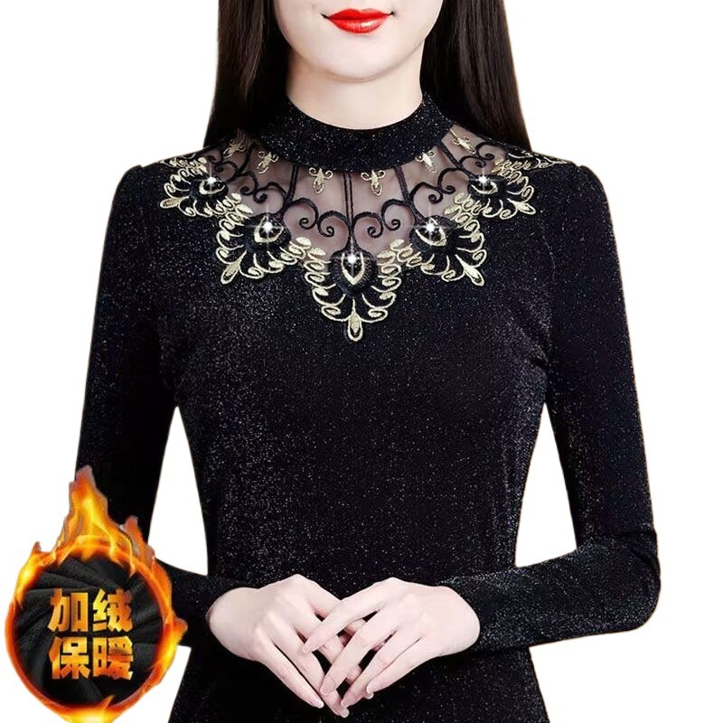 加绒/薄款秋冬蕾丝打底衫大码女长袖t恤洋气修身小衫显瘦网纱上衣|undefined